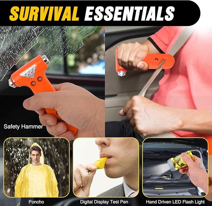Car Emergency Kit with Jumper Cable, First Aid Kit Safety Assistance Tools for Travel Camping Outdoor Cars Truck SUV RV, Roadside Essentials with Flash Light