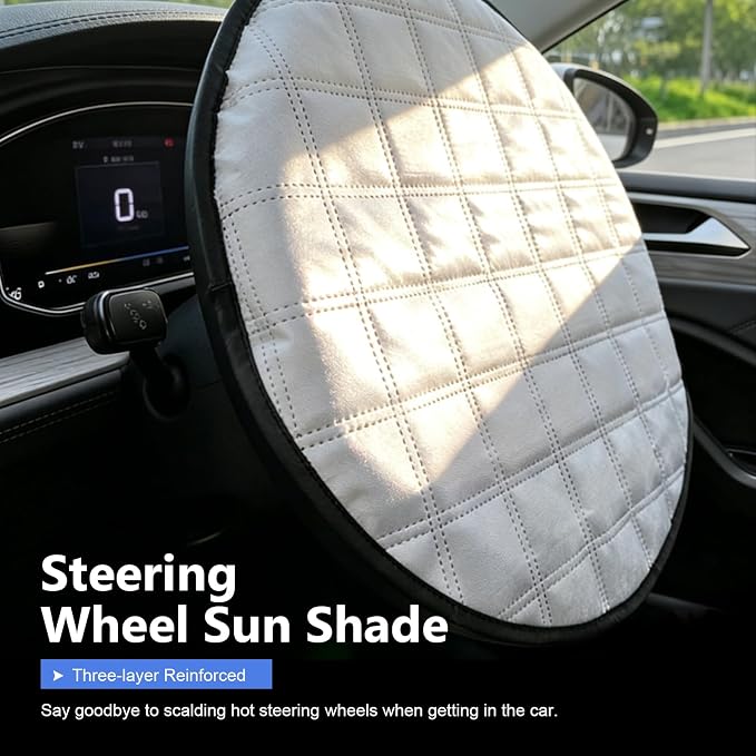 Car Steering Wheel Cover Sun Shade, 16.93" Thickened Aluminum Film Steering Wheel Protector, Slip-on Installation, Universal for Car SUV Truck Van (Silver)