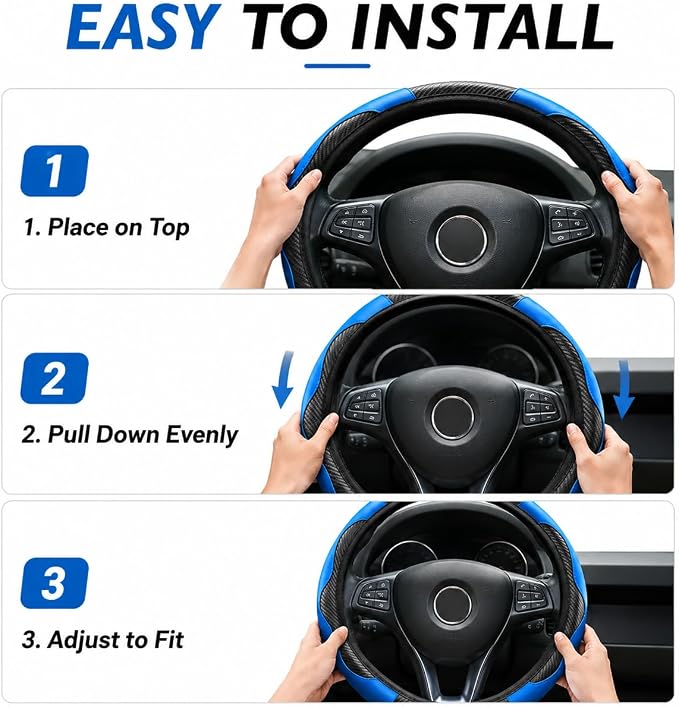 Car Steering Wheel Cover 15 inch, Microfiber PU Leather Elastic Steering Wheel Protector, Anti-Slip Breathable Car Interior Accessories for Most Cars (Blue)