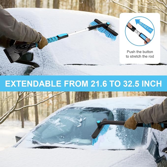 2 in 1 Extendable Snow Brush with Ice Scraper for Car Windshield, 33 Inch Car Window Scraper & Foam Snow Removal Brush for SUV, Heavy Duty Snow Cleaner for Truck Van, 360° Pivoting Head