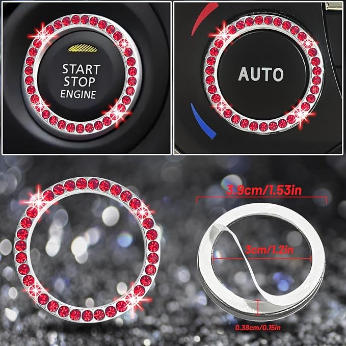 12 Pcs Bling Car Accessories Set for Women Car Floor Mats Full Set Steering Wheel Cover Seat Belt Covers Coasters Universal Fit Car SUV Truck Van Red