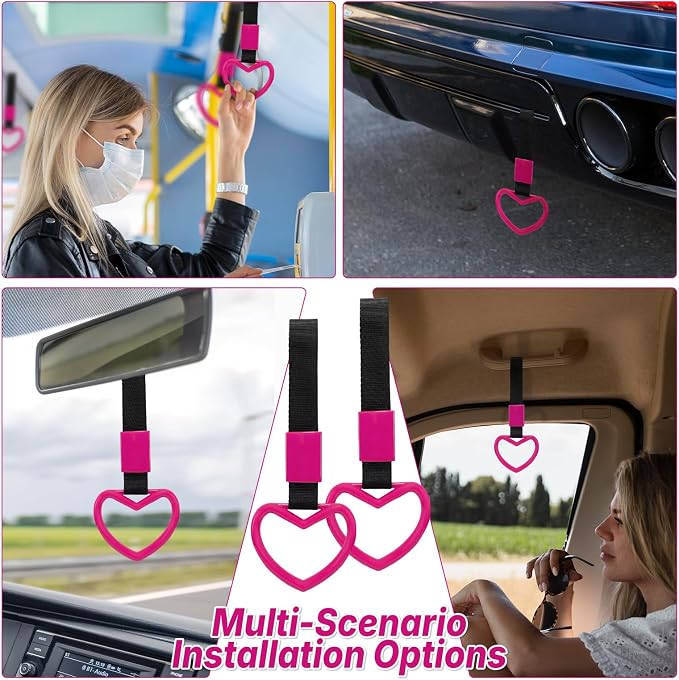 2 Pcs Heart Shaped Car Handle Strap – JD M Drift Charm Rear Bumper Warning Ring Decor for Car Interior Exterior, Subway Bus Handle Accessory, Cute Heart Car Decor Gift for Drivers (Hot Pink)