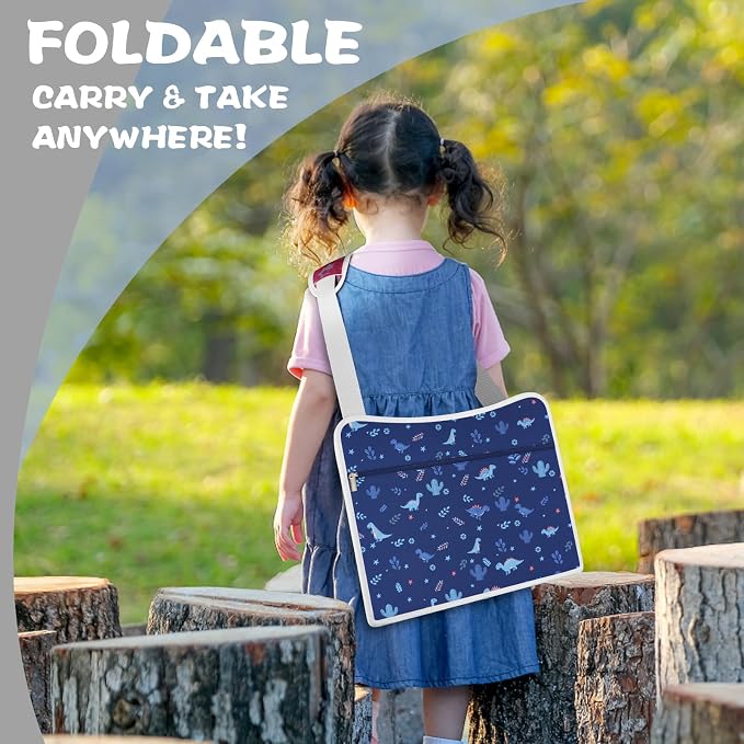 Kids Travel Tray for Toddler Car Seat, Road Trip Essential Lap Tray | Toddler Gift for Boy Activities with Dry Erase Board, iPad Holder Stand, Cooler Cup Holder & Adjustable Strap, Dark Blue