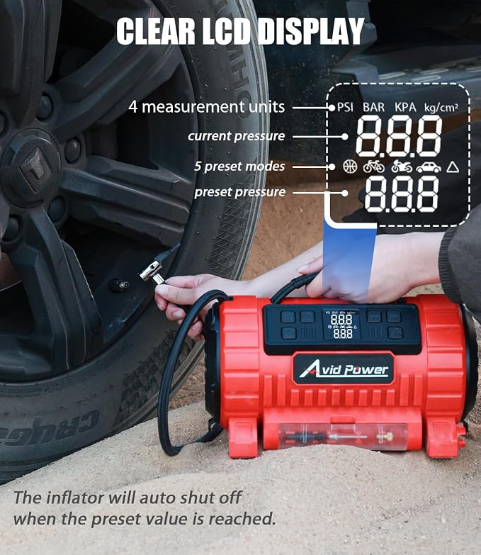 Tire Inflator Portable Air Compressor, 12V DC/110V AC Car Tire Pump with Inflation and Deflation, 5 Preset Modes, Digital LCD Pressure Gauge for Car Tires, Air Mattress and Small Inflatable