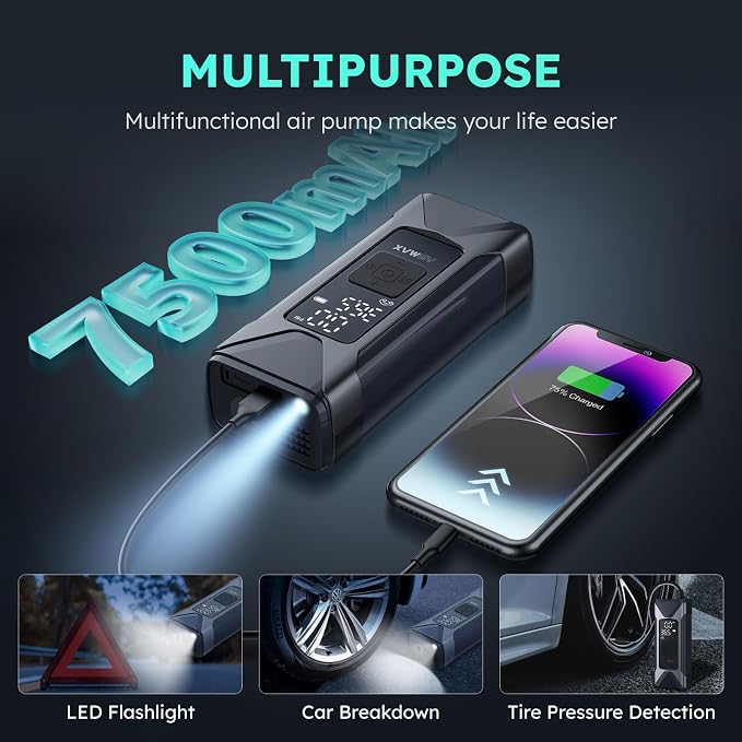 T10 Tire Inflator Portable Air Compressor, 160PSI Cordless Electric Air Pump with 7500mAh Battery, Digital Gauge, Auto Shut-off, Fast Inflation for Car, Motorcycle, Bike, Bicycle, Balls