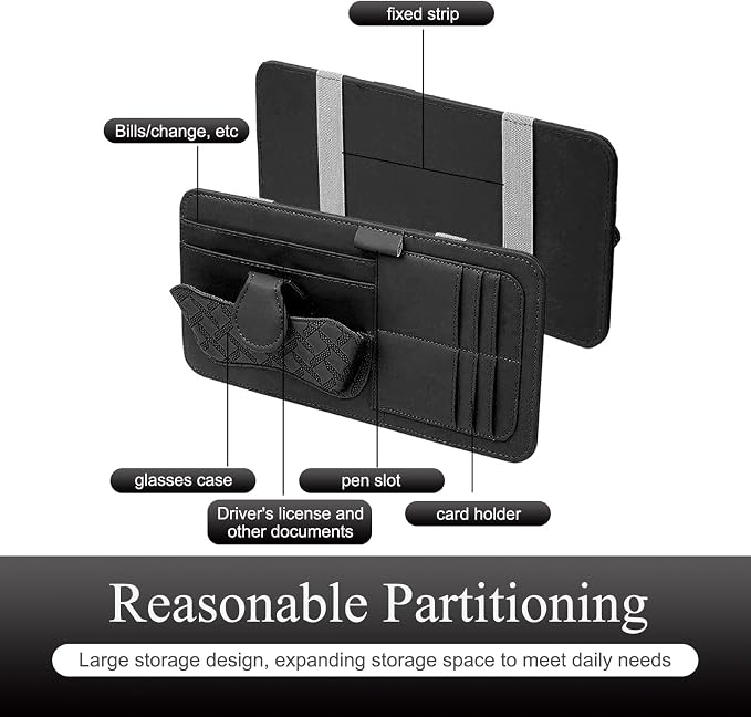 Car Sun Visor Organizer, Leather Multi-Pocket Auto Visor Storage Pouch for Sunglasses Cards License, Waterproof Car Interior Space-Saving Accessories, Universal for Most Cars (Black)
