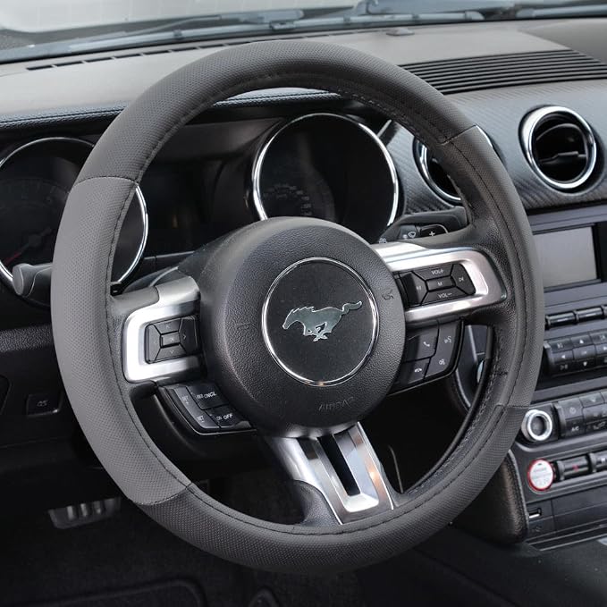 Sporty Two Tone Ergonomic Grip Steering Wheel Cover - Plush Leather Grip for Standard Size Wheels 14.5-15 inch Gray/Black
