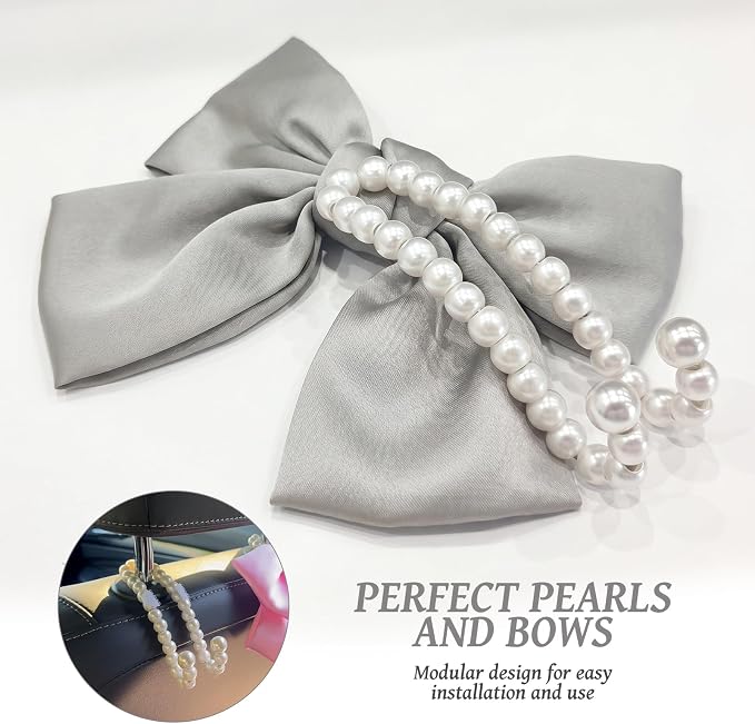 2 PCS Bow Pearl Car Seat Headrest Hook – Cute Purse Hook for Car, Girly Interior Decoration Accessories Hook Hanger, Seatback Holder for Purses & Bags, Elegant Car Organizer (Moonlight Grey)