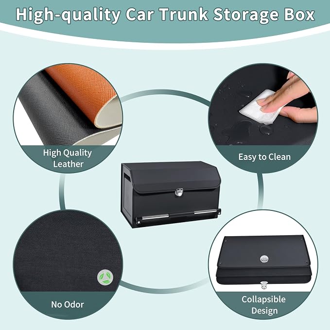 Car Trunk Organizer, Leather Trunk Organizer for SUV with Lid and Sturdy Handle Car Storage Organizer (Black, 20.47 x 11.42 x 12.2in)