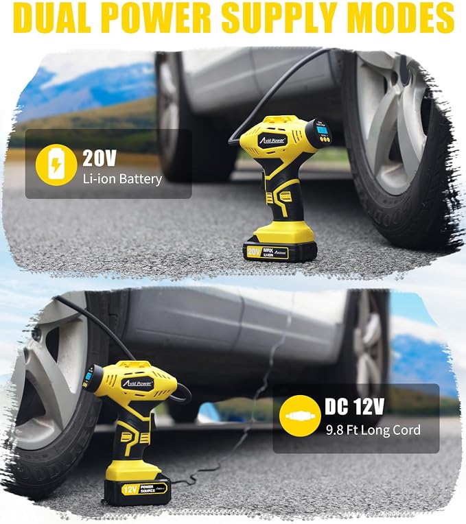 Cordless Tire Inflator Portable Air Compressor, 20V Rechargeable Battery Powered Car Tire Pump w/ 12V DC Adapter, Digital Pressure Gauge, Air Pump for Car, Bike, Motorcycle, Ball
