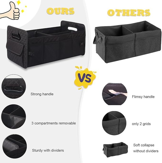 Car Trunk Organizer for SUV, Car Storage Organizer Collapsible Multi Compartment Container Box, Adjustable Car Accessories for Women/Men, Black
