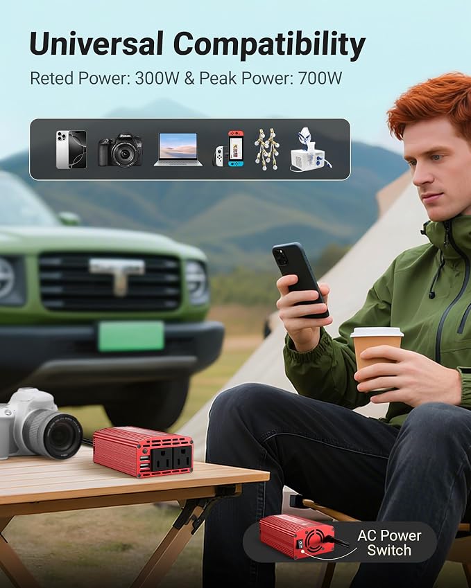 Power Inverter DC 12V to AC 110V - 300W Car Plug Adapter Outlet with 4.8A Dual USB Fast Charging Port - Car Charger Cigarette Lighter Adapter for Phone, Laptop on Road Trip - Aluminum Housing