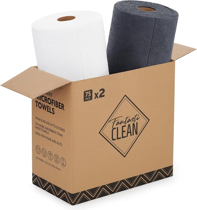 Microfiber Cleaning Cloth Rolls -150 Sheets (White, Dimgrey) | 12'' by 12'', Super Absorbent, Lint-free, Tear-away Microfiber Towel Roll, for All-Purpose Cleaning
