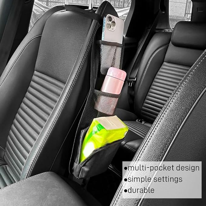 Car Seat Side Storage Pocket, Car Multifunctional Seat Organizer Hanging Bag, Auto Mobile Phone Wallet Sunglasses Mesh Net Pocket, Auto Accessories for Cars SUVs Trucks (Black-1, 2PCS)