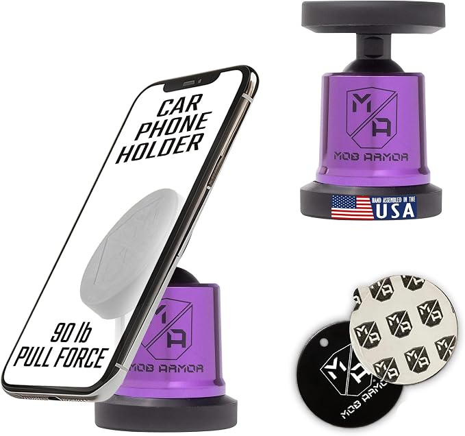 MobNetic Maxx - USA Assembled Magnetic Phone Holder for Car, Magnetic Car Phone Mount, 90-Degree Tilt, 360-Degree Rotation, Aluminum Metal, Compatible with iPhone & Android - Purple Chrome