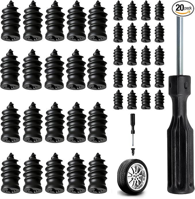 Tire Plugs Screw Type,Tire Repair Rubber Nail Kit, 2 Size Vacuum Tire Plug Kit, Carbon Steel Center, for Car, Motorcycle, Truck, Bicycle, ATV, with Storage Case