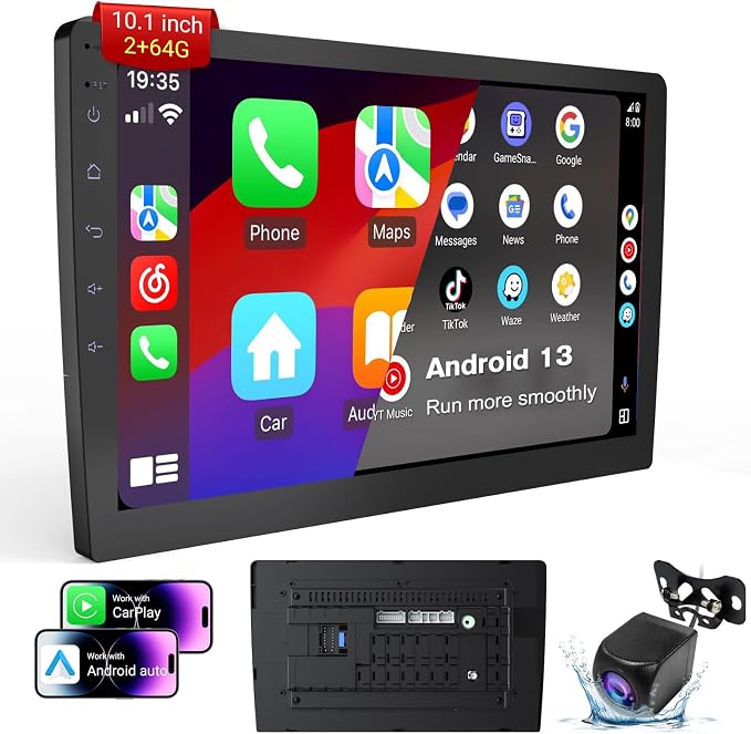 Double Din Android 13 Car Stereo Receiver - 10.1" Universal HD Touchscreen w/64GB, Built-in GPS & Backup Camera, Bluetooth 4.1, Supports CarPlay/MirrorLink (1990-2023 Vehicles)