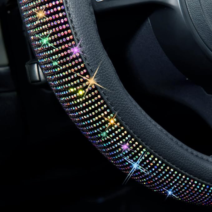 Bling Diamond Leather Steering Wheel Cover, with Bling Sparkly Crystal Glitter Rhinestones Universal Fit 13"1/2-14" Car Wheel Protector for Women Girl Fit Suvs,Vans,Sedans,Trucks, Multicolor