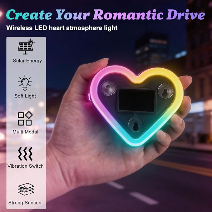 Upgrade Car Light LED Ambient Lights Heart Solar Lights Solar-Powered Heart-Shaped Neon Lights for Car Window Decorative 5 Modes Interior Outdoor Decor (Rainbow-2Pcs)