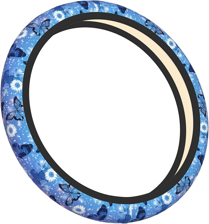 Blue Butterfly Steering Wheel Cover for Women Girls Flower Universal 15 inch Neoprene Anti-Slip Car Wheel Protector