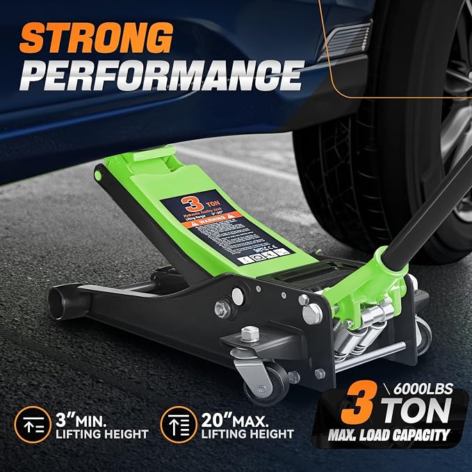 3 Ton Low Profile Floor Jack, Heavy Duty Steel Hydraulic Car Jack with Dual Pistons Quick Lift Pump, Hydraulic Racing Floor Jack, Lifting Range 3" to 20", Green