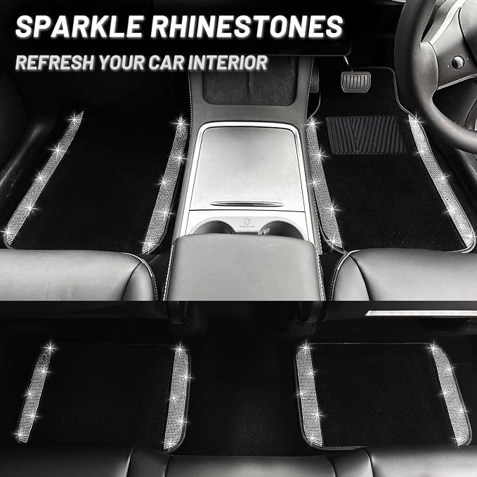 12 Pcs Bling Car Accessories Set for Women Car Floor Mats Full Set Steering Wheel Cover Seat Belt Covers Coasters Universal Fit Car SUV Truck Van Silver