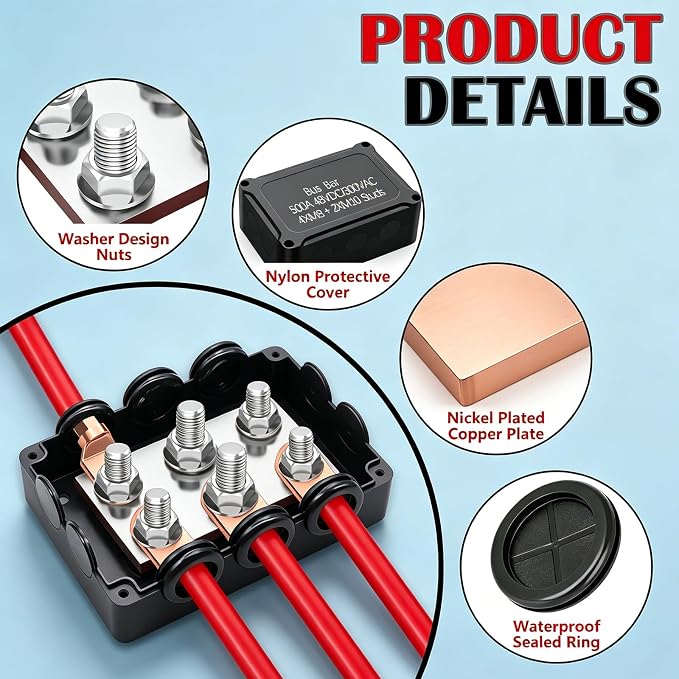 500A Marine Bus Bar Heavy Duty Power Distribution Block, Battery Busbar, Waterproof Automotive Buss Bar with 4X 5/16" (M8) +2X 3/8" (M10) Studs for Car, Boat and Solar Wiring (Black+Red)