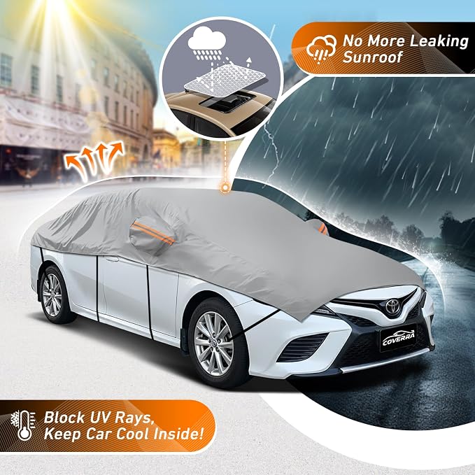 Half Car Cover with Sunroof & Roof Protection, Waterproof All Weather Half Cover for Windshield Snow Sun Rain Dust UV, Cotton Liner Universal Fit Compact Sedan