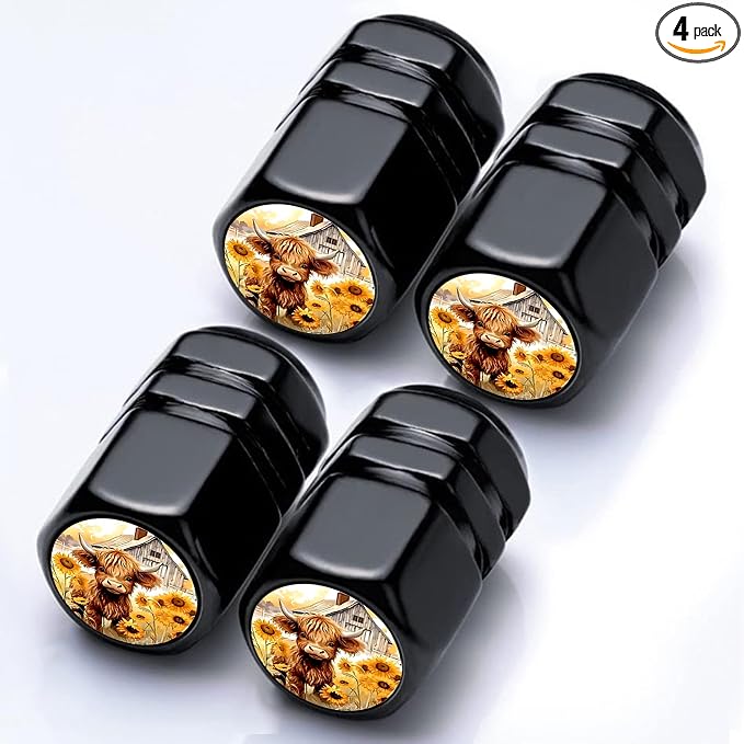 4Pack Highland Cow Tire Valve Stem Cap Highland Cow Car Accessories Aluminum Alloy Rust-Proof Universal Dust Covers Tire Air Cap for Car,Truck,SUV, Bike,Motorcycle Tires,Cows Gifts for Women Mom Men