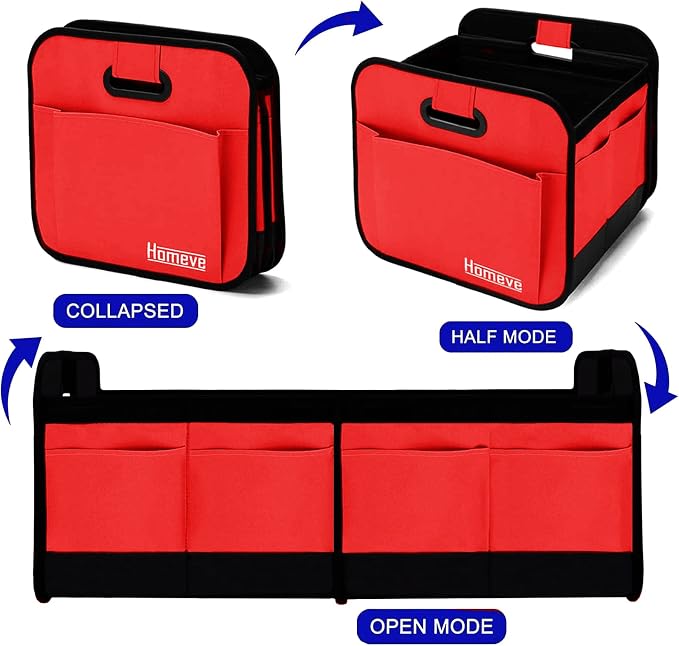 Car Trunk Organizer for SUV, 18.5Gal Large Capacity No-Sag Heavy Duty, Foldable Waterproof Anti-Slip Storage with 12 Pockets, Fit Sedan, Truck, Universal Car Accessories, Red, 2 Compart, Large