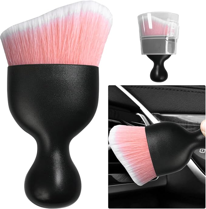 Car Detailing Brush, Curved Soft Bristles Auto Removal Dust Collectors, Universal Vehicle Dashboard, Air Conditioner Vents etc Interior Cleaning Tool Accessory (Pink/White)