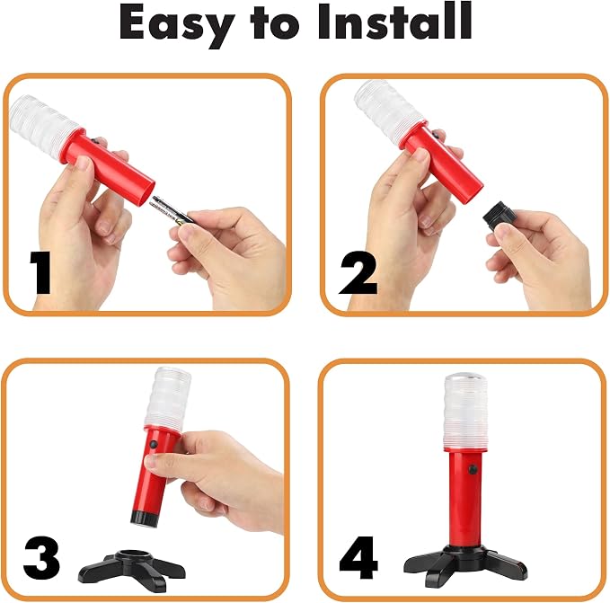 LED Safety Strobe Road Warning Light, Set of 4 | Emergency Roadside Flares Kit, Highway Beacon Alert Flare, Magnetic Base, Detachable Stand, Solid Storage Case