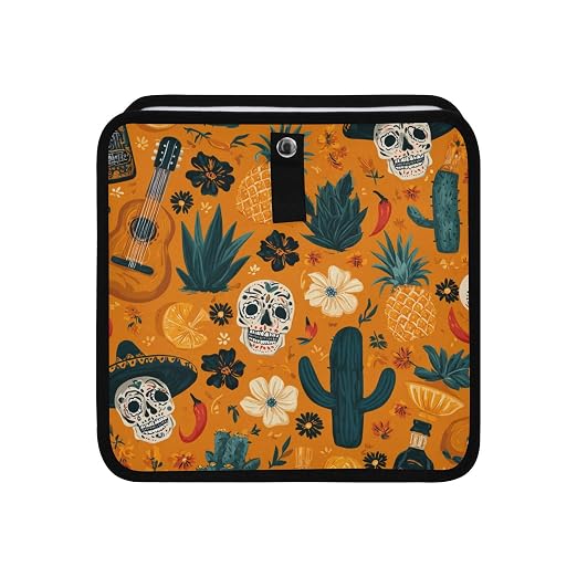 Car Trash Can Organizer Bin with Adjustable Strap for Back Front Seat Console Waterproof Leakproof Collapsible Portable 11 Inch Orange Day Of The Dead Skull Cacti