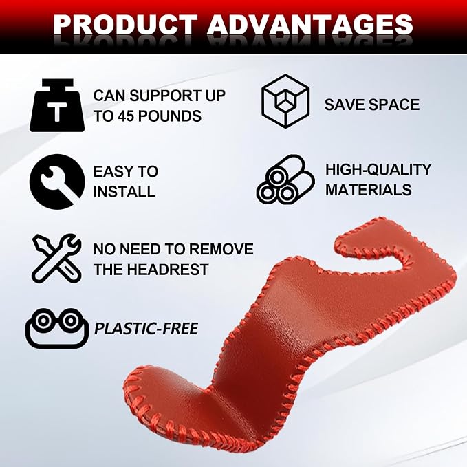 Automotive Universal 2PCS Leather Headrest Hooks, for Car Keep Purses Bags Coats and Groceries Secure Universal Fit for Most Vehicles, Red