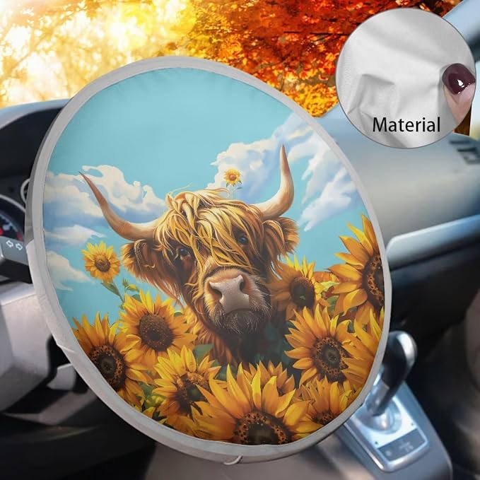 Sunflower Highland Cow Steering Wheel Sun Shade Cover Anti-Heat Steering Wheel Sun Block Cover,Cute Auto Accessories Interior Car Steering Wheel Cover for Women,17 inch Universal Fit