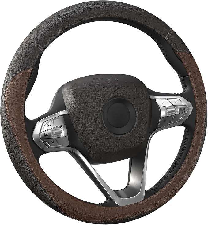 Car Steering Wheel Cover - Universal Car Accessory for Diverse Cars, Durable Leather Cover with Anti-Slip Lining, for Steering Wheel with a Diameter of 14.5"-15", Brown