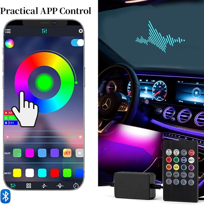 RGB Car Strobe Safety Lights with Remote,Interior LED Light for Car Accessories Women Men Husband Birthday Gift APP Control with USB Port Music Sync Color Change for Truck Decor 12V Dashboard
