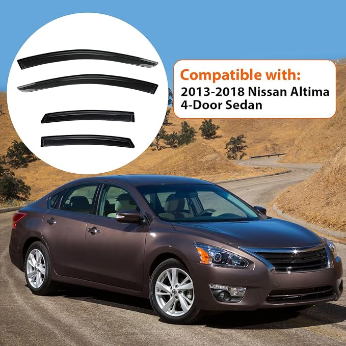 Window Rain Guards Compatible with 2013-2018 Altima 4-Door Sedan, 4pcs Smoke Tint Vent Deflectors Window Visors Outside Mount Tape On Style Acrylic Set of 4 Front+Rear