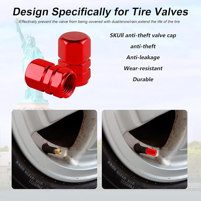 Aluminum Tire Stem Valve Caps Wheel Valve Covers Car Dustproof Tire Cap Cover Accessories, Universal for SUV, Car, Bike and Motorcycle, Hexagon Shape (4PCS Red)