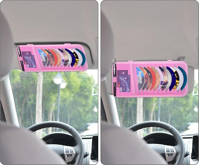 Car CD Case Holder, Vehicle Sun Visor Organizer for Cars with 12 DVD Storage Sleeves, 1 Mesh Pocket, 1 Pen Holder and Elastic Strap, Pink
