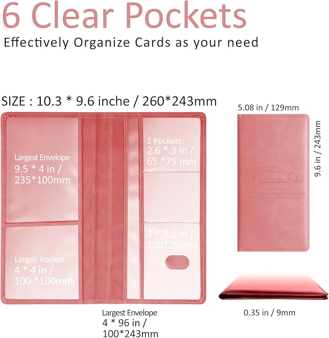 Car Accessories Registration and Insurance Holder, Leather Essential Card Magnetic Shut Vehicle Glove Box Organizer Case for Auto Driver License Document Truck Motorcycle Boat - Pink