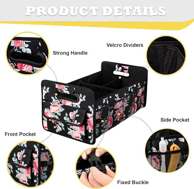 Car Trunk Organizers and Storage Collapsible Multi Compartment Container Box, Adjustable Car Accessories for SUV Sedan Truck, Standard Size, Black Floral