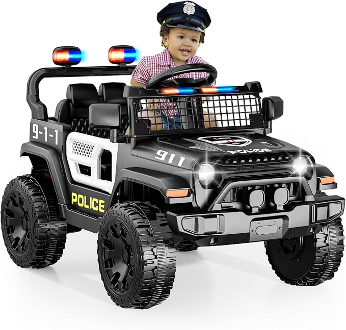 12V Ride on Car with Parent Remote Control, Toddler Police Electric Car with Spring Suspension, LED Lights & Music Player - Safe Battery Toy for Kids, Christmas & Birthday Gift