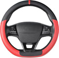 Flat Bottom Steering Wheel Cover, D Shaped Car Wheel Cover 14 1/2-15 in. (37-39 cm), Black Red Microfiber Leather