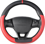 Flat Bottom Steering Wheel Cover, D Shaped Car Wheel Cover 14 1/2-15 in. (37-39 cm), Black Red Microfiber Leather