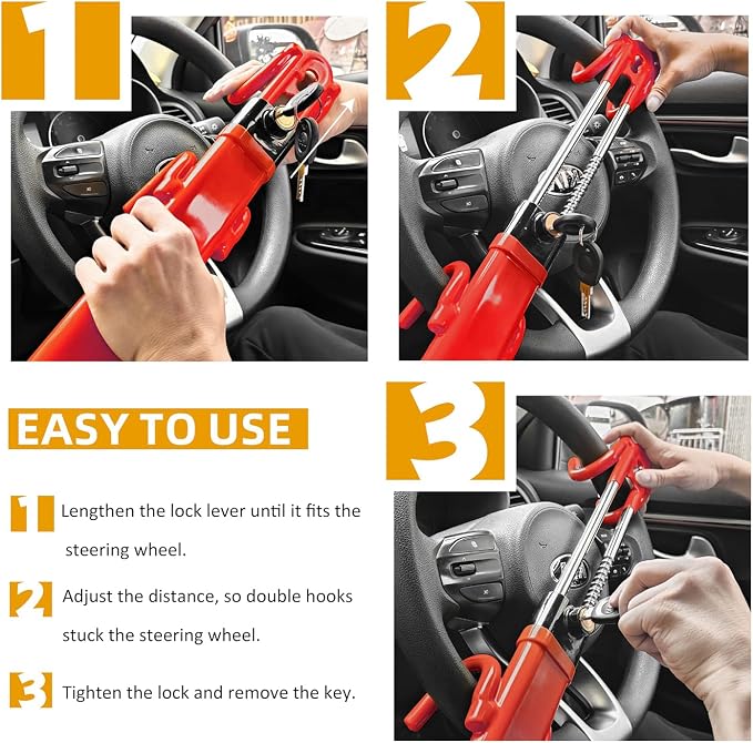 Steering Wheel Lock for car Universal Adjustable Length Anti-Theft Device Car Locks Double Hook Locks for Car SUV Pickup Truck Van(Red)