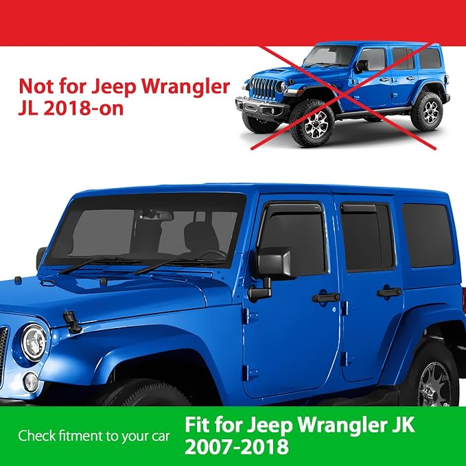 Goodyear Shatterproof in-Channel Window Deflectors for Jeep Wrangler JK 2007-2018, Rain Guards, Window Visors for Cars, Vent Deflector, Car Accessories, 4 pcs - GY003492