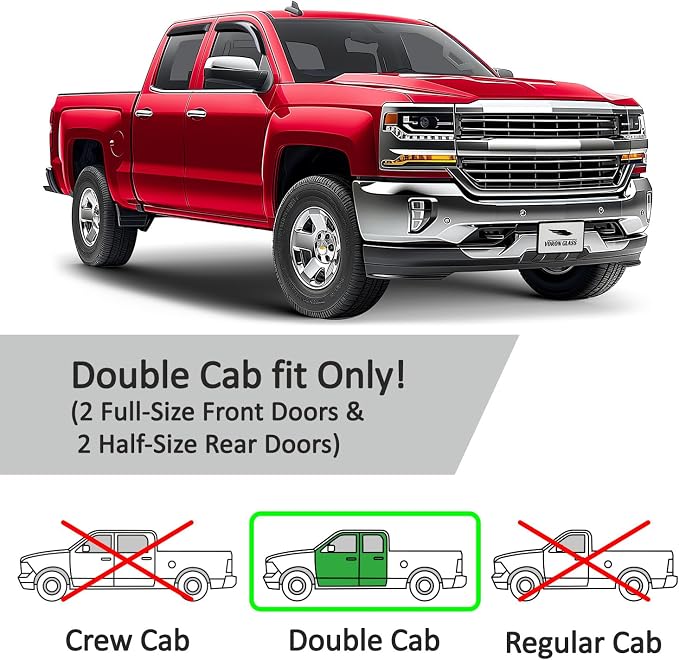 Voron Glass Tape-on Extra Durable Rain Guards for Chevrolet (Chevy) Silverado/GMC Sierra 2014-2018 Double Cab, Window Deflectors, Vent Window Visors, 4 Pieces - 100849