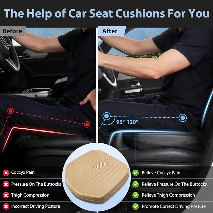 Premium Leather Car Seat Cushion, Comfort Memory Foam Driver Seat Cushion for Long Driving, Waterproof Non-Slip Seat Cushions for Cars, Truck, SUV, Office Chairs, Stadium, Beige