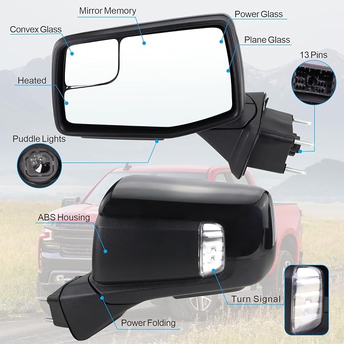 Left Driver Side Mirror Compatible With 2019-2025 Chevy Silverado 1500 With Power Glass Power Folding Heated Turn Signal Puddle Lights Mirror Memory Black Replace#84309683(13Pins)